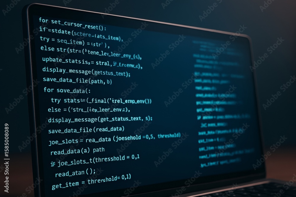 Fototapete close-up of a laptop screen displaying blue code lines in a dark room, focused on programming and de