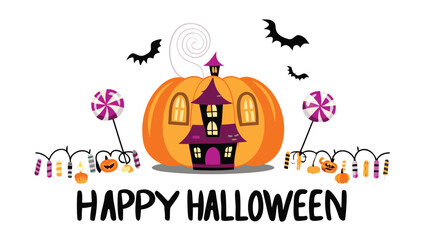 A halloween themed image with a pumpkin house, bats, lollipops and happy halloween text below it