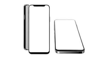 Three modern smartphones with blank white screens displayed on a plain white background in a studio setting