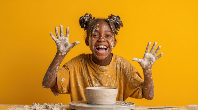Joyful pottery session young girl playing with clay studio environment creative expression bright yellow background