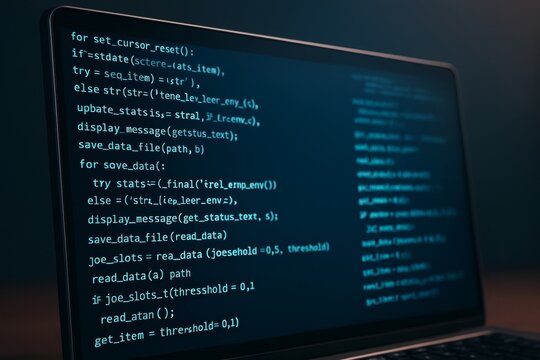 Close-up of a laptop screen displaying blue code lines in a dark room, focused on programming and development concept with tech background light.