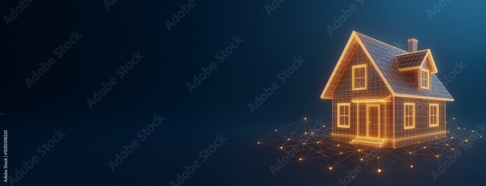 Poster futuristic glowing house model made of digital grid lines with network nodes on dark blue background