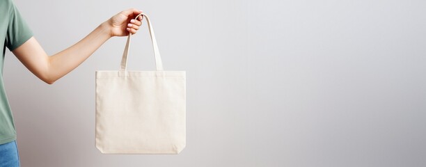 Hand holding blank beige cotton tote bag against light background with copy space for design, branding, or advertising mockup template concept.