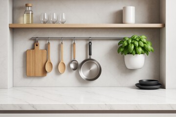 Modern kitchen counter with hanging utensils, potted basil, and minimalist shelf decor on marble background, perfect for cooking themes and branding..