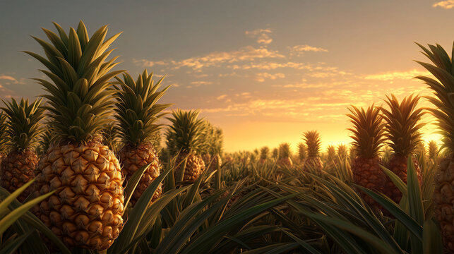 Tropical Pineapple Field at Sunset: Capturing the golden light of the setting sun over a vibrant field of ripe pineapples, this photo evokes a sense of abundance and tropical warmth. The lush.