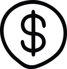 Simple hand drawn black dollar sign symbol inside a slightly irregular hand drawn circle on a white background