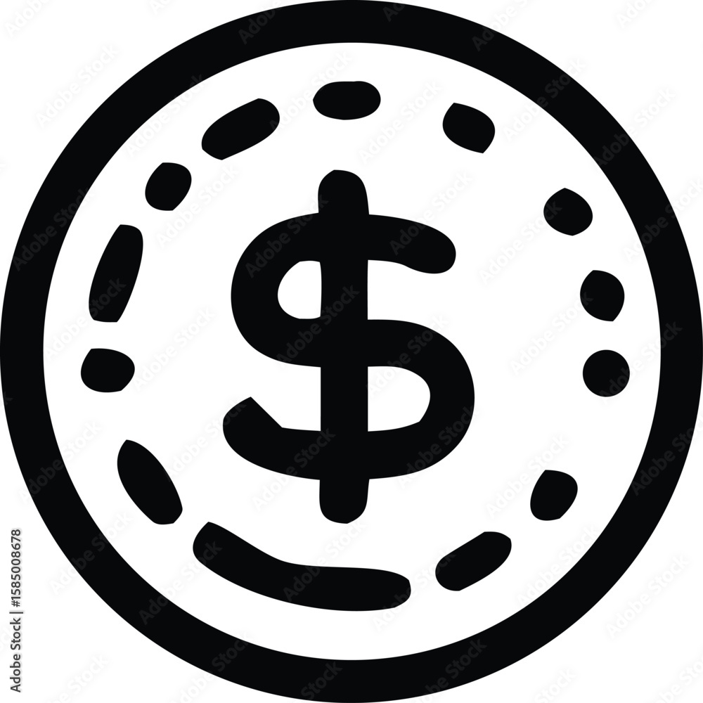 Poster simple black and white doodle style icon of a coin featuring a prominent dollar sign at its center s