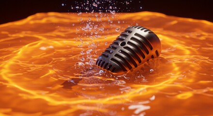 Vintage microphone submerged in glowing orange liquid with bubbles