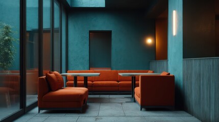 Deep rust orange furniture paired with electric teal walls ambient light wrapping around furniture edges metal paneling reflecting subtle