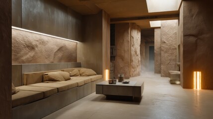 Desert-inspired futuristic living room with sand-textured panels ochre and beige palette glowing heat vent lights cinematic warm side lighting