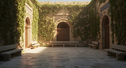 Fototapeta premium An outdoor courtyard with arched doorways, stone benches, and walls covered in ivy, bathed in sunlight.