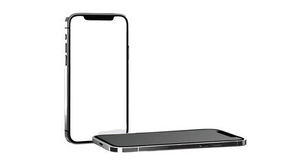 Two smartphones one standing upright and the other lying flat on a white surface in a studio shot