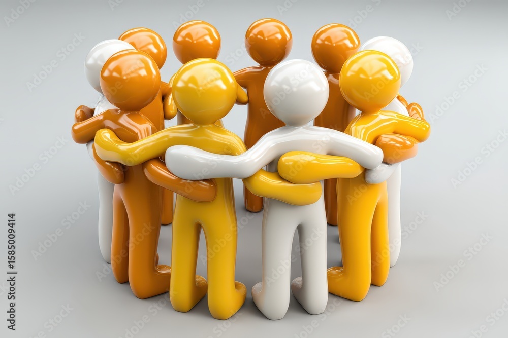 Poster colorful abstract figures embracing in unity symbolizing collaboration and community spirit fosterin