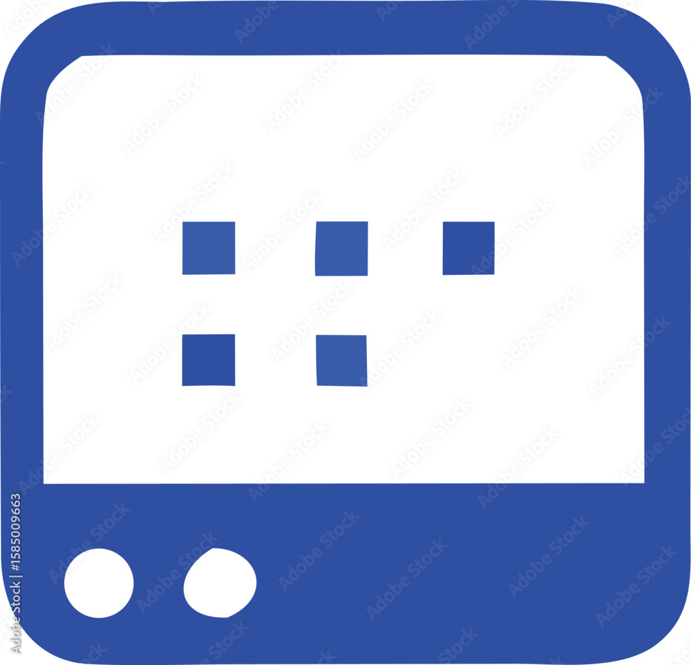 Poster simple blue and white illustration of a digital device with a grid of squares and two circular butto