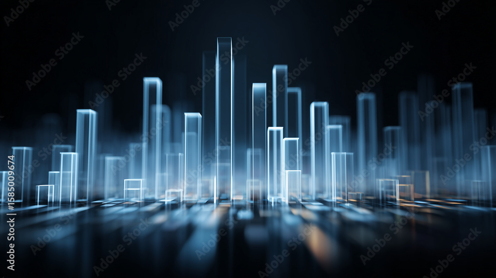 Poster digital metropolis: an ethereal city scape, composed of illuminated, translucent building forms. cap