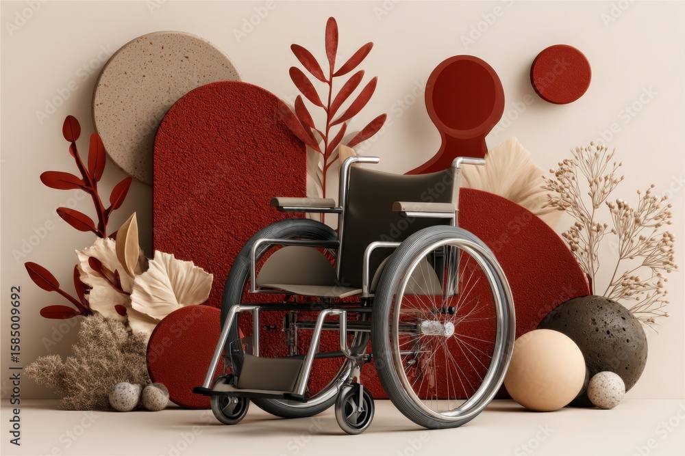 Aufkleber artistic composition featuring a wheelchair surrounded by textured abstract shapes and natural eleme