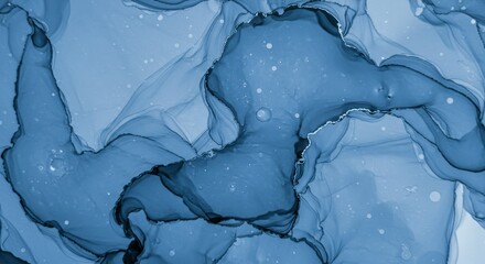 Abstract blue ink swirls with subtle bubbles and textured edges