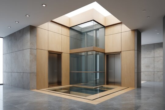 Designer orbital elevator chamber in pale copper and charcoal with transparent floor panels side-sourced backlight and clean depth layering