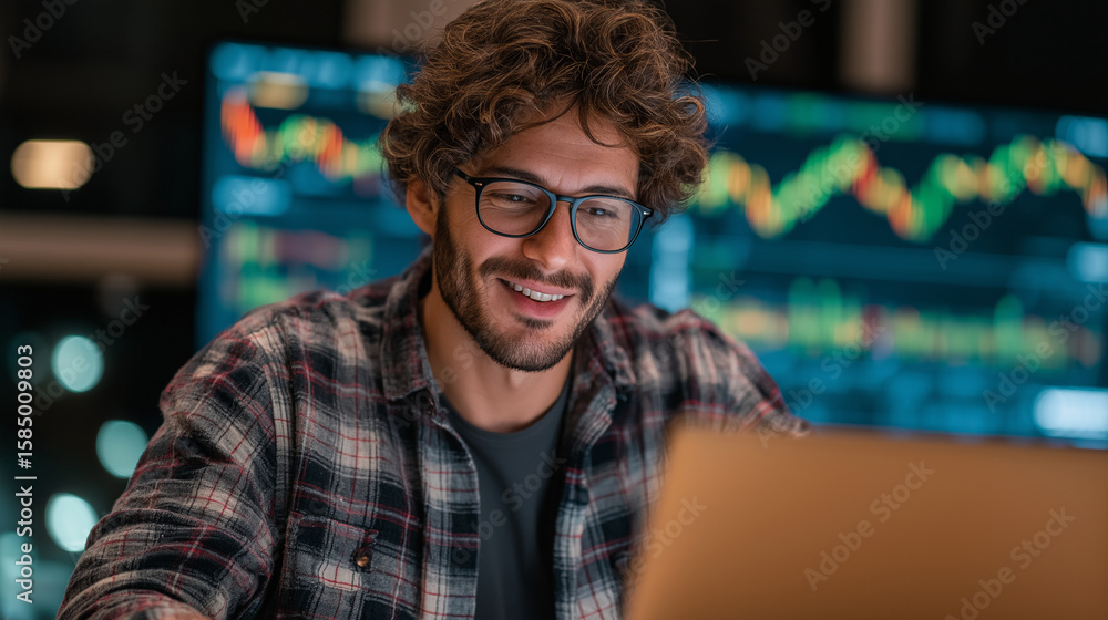 Poster man smiling at laptop screen with charts displayed in the background glow