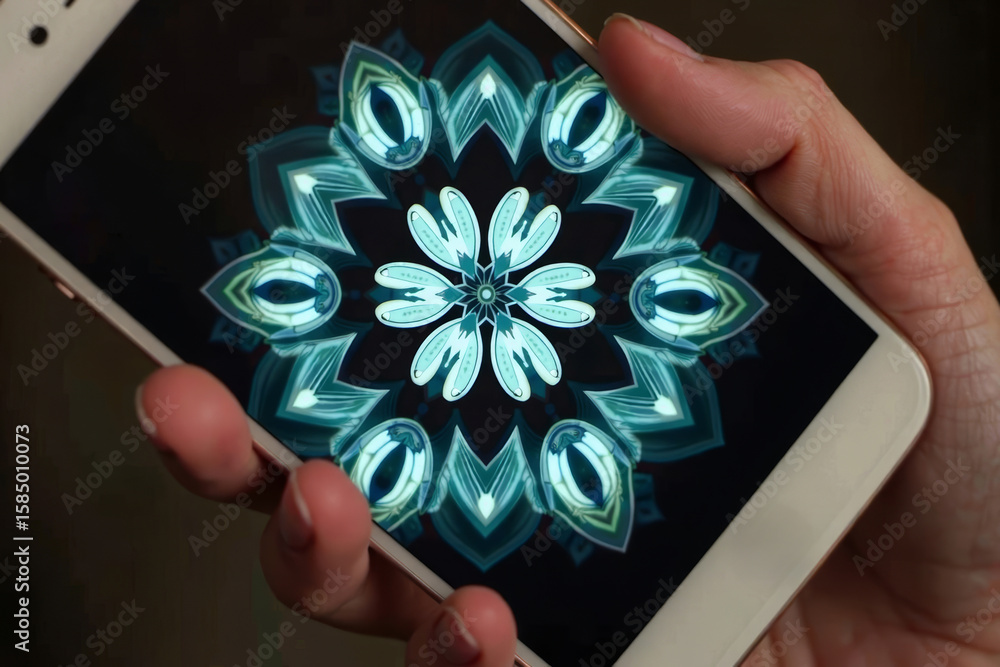 Poster a mesmerizing kaleidoscope pattern displayed on a cellphone held in a person's hand.
