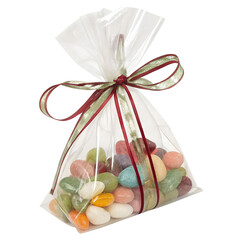 Cellophane bag filled with colorful candies tied with ribbon