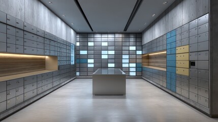Digital archive room with metal filing drawers and touchscreen walls backlit with diffused LEDs and metallic sheen reflections