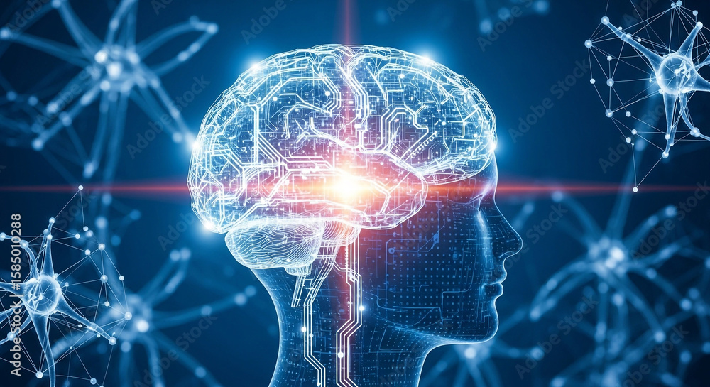 Poster a digital brain with glowing connections represents artificial intelligence and the future of techno