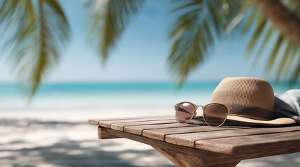 Coastal relaxation: A sun hat and sunglasses rest serenely on a wooden surface, with a backdrop of serene ocean waves and swaying palm trees in this idyllic beach scene, symbolizing leisure.