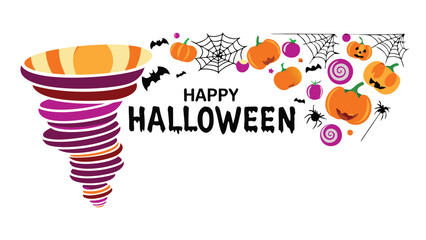 Happy halloween with tornado of pumpkins, candies, bats and apples in festive halloween decoration