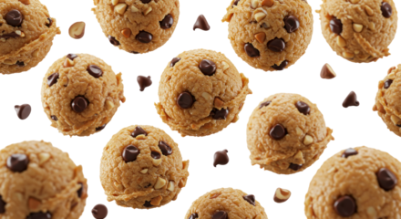 Overhead View Of Scattered Chocolate Chip Cookie Dough Balls with Nuts on Transparent Background