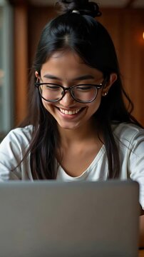 An Indian girl with glasses joyfully types on her laptop with a happy expression in slow motion filmed in verticle 4k offering engaging content.
