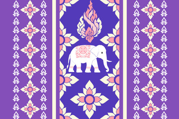 White elephants in Thai tribal textile pattern on dark blue background. Traditional geometric ethnic design with pixel-style weaving motifs from Southeast Asia.