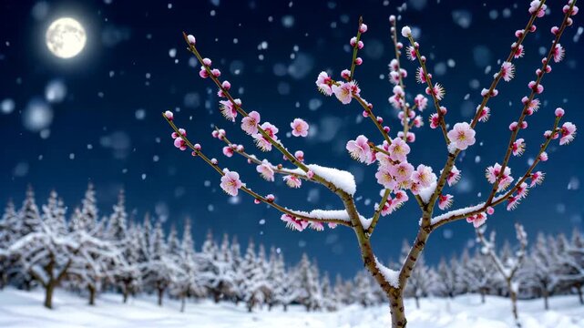 there is a tree with pink flowers in the snow