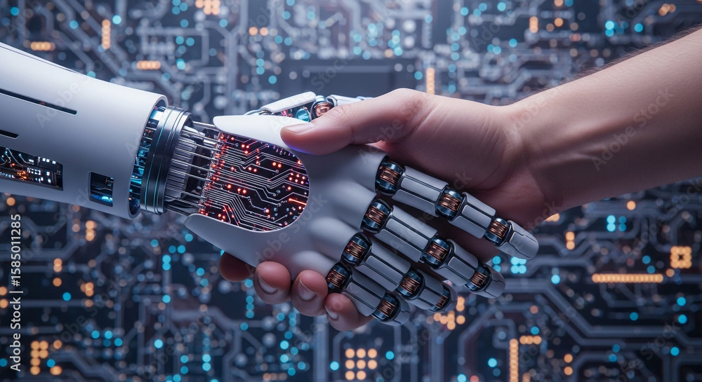 Poster a robot and human hand shake, symbolizing the collaboration between artificial intelligence and huma