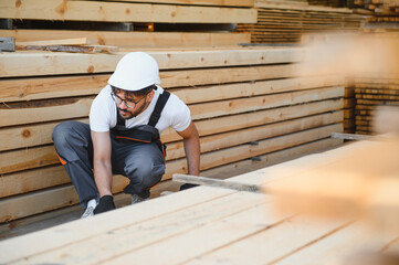 Carpenter inspecting wooden planks in lumber warehouse