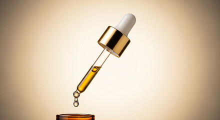 Close-up of a dropper with golden liquid dripping, likely oil or serum, against a soft background.