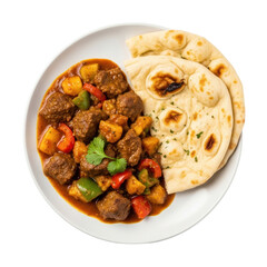 Fototapeta premium Delicious Beef Stew with Colorful Vegetables and Naan Bread on White Plate with Isolated Transparent Background