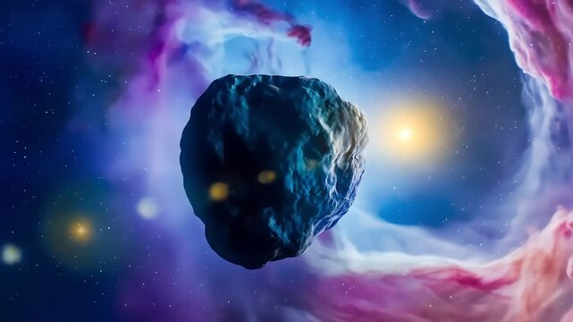 An asteroid drifts through a vibrant, colorful nebula filled with stars and a distant glowing sun, showcasing the vast beauty of the cosmos