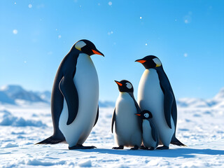 Fototapeta premium three penguins on the snow