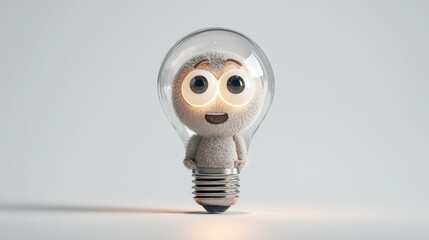 A cute, cartoonish character resembling a light bulb with big eyes, smiling joyfully against a plain background.