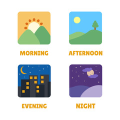 Isolated illustration cartoon color full morning, afternoon, evening, and night icon