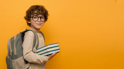 Kid and backpack back to school. Smiling boy with curly hair, glasses, backpack, holding books,child,elementary uniform,children,new year education,educator,students returning to school