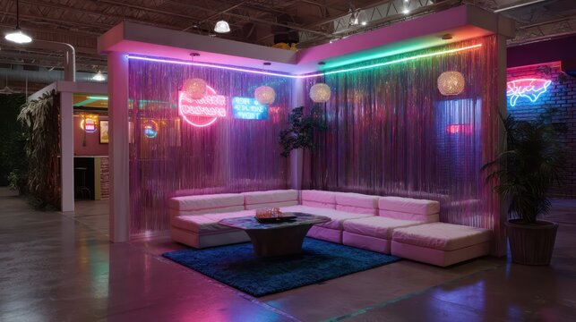 Eclectic 80s lounge in bubblegum pink and indigo with low table neon signs and beaded curtains under stylized colored