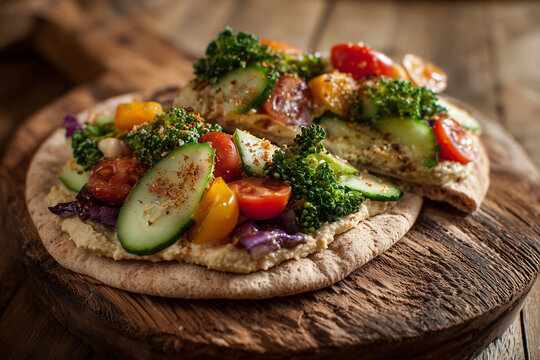 A plate of food with a variety of vegetables and a piece of bread - Powered by Adobe
