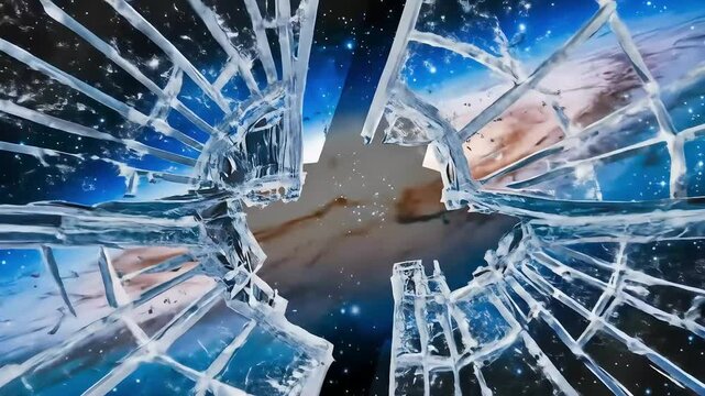 Shattered glass reveals a vibrant, swirling galaxy and starry cosmos, creating a dramatic visual effect of breaking through to the universe's expansive beauty