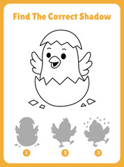 Find the correct shadow. An educational game featuring a hatching chick, match the correct shadow.