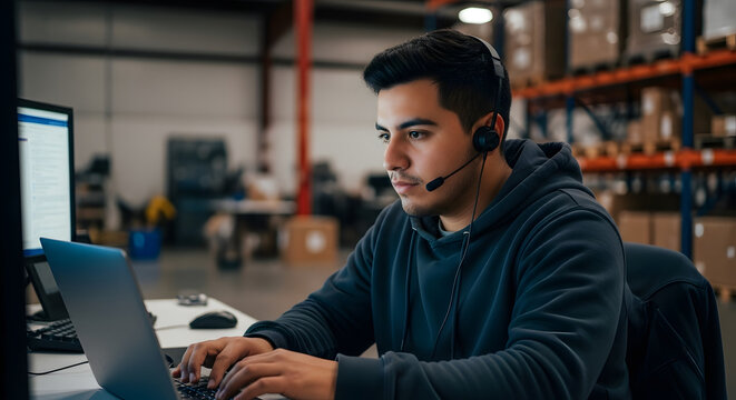 Focused young male warehouse worker using laptop and headset.