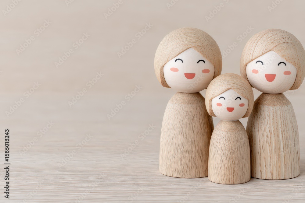 Poster heartwarming wooden dolls representing family happiness in a minimalist style capturing joy and conn