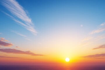 Obraz premium Vibrant sunrise over ocean horizon with glowing light, colorful clouds, and clear sky in peaceful nature background landscape scene.