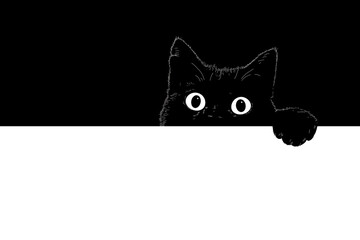 Black cat silhouette peeking from side of white rectangle, eyes staring at viewer, paw resting on edge, ears upright, curious expression, high contrast vector graphic on white background